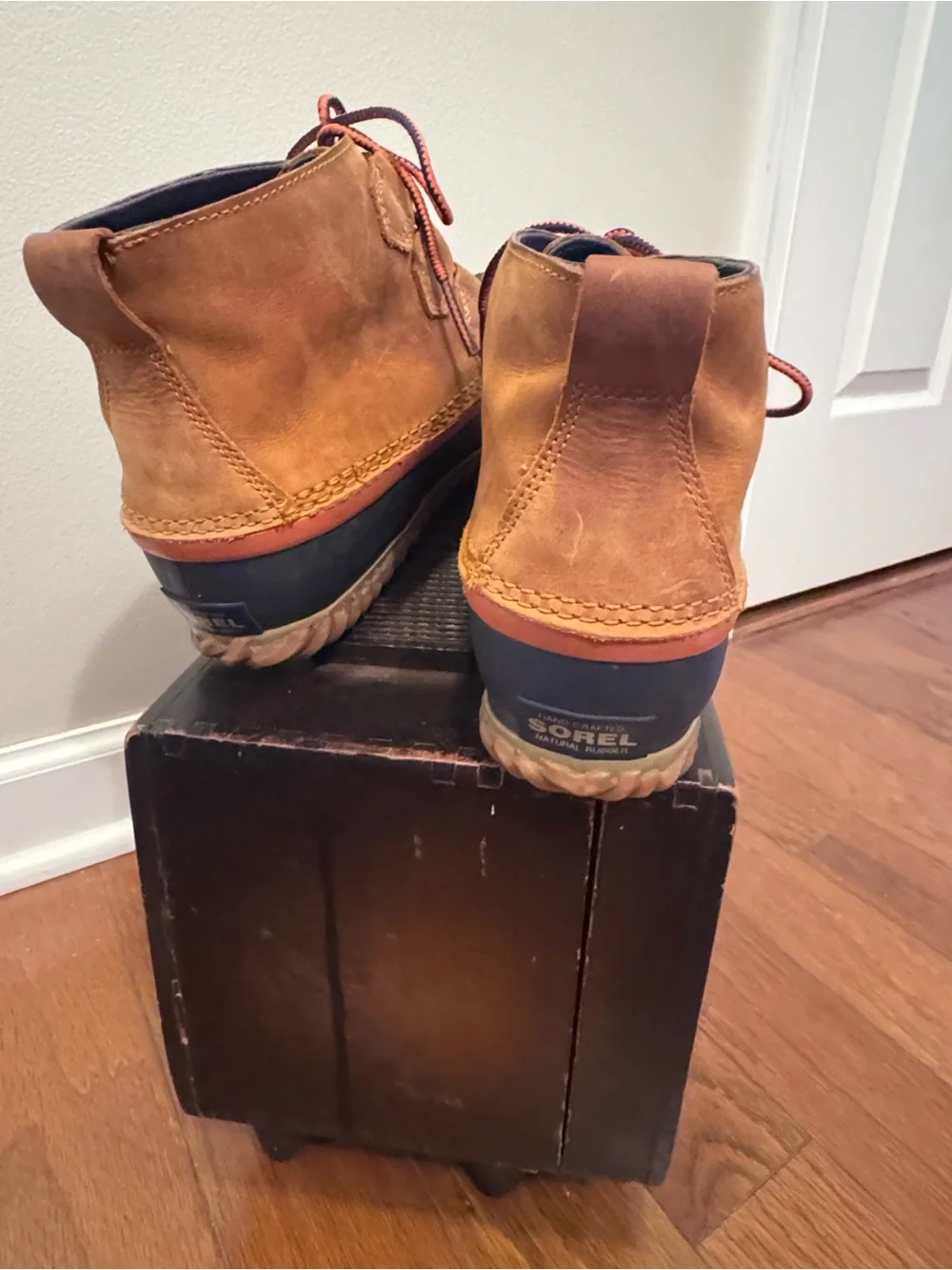 Waterproof Sorel Brown and Navy Lace-Up Rain Duck Boots with Orange Trim